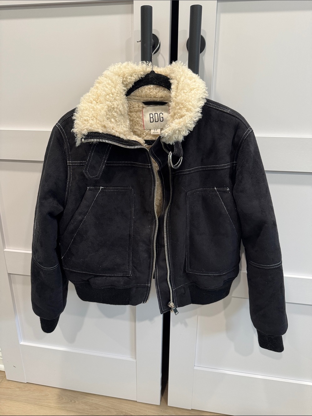 BDG womens Black Jacket with Cream Shearling Collar